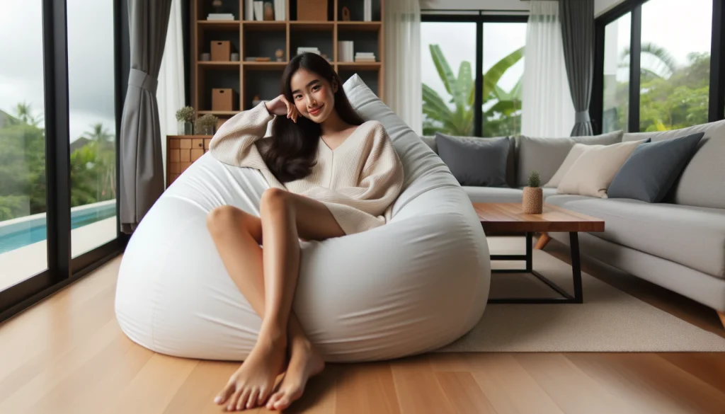 Photo of a young woman lounging comfortably on a large white bean bag chair in a well-lit room.